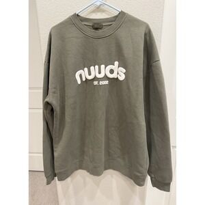 NUUDS Oversized Crewneck Sweatshirt Olive Green Puff Print Fleece Pullover XL
